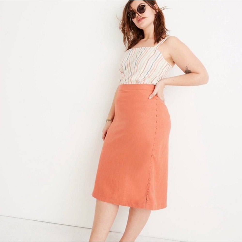 Madewell Sweet Dahlia Button Slit Salmon Melon Linen Midi Skirt Plus Size 22 New
